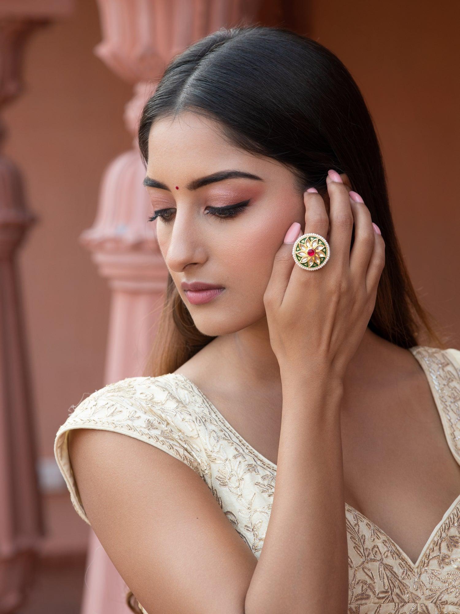  Bridal Red and Green Stone Plumeria Ring