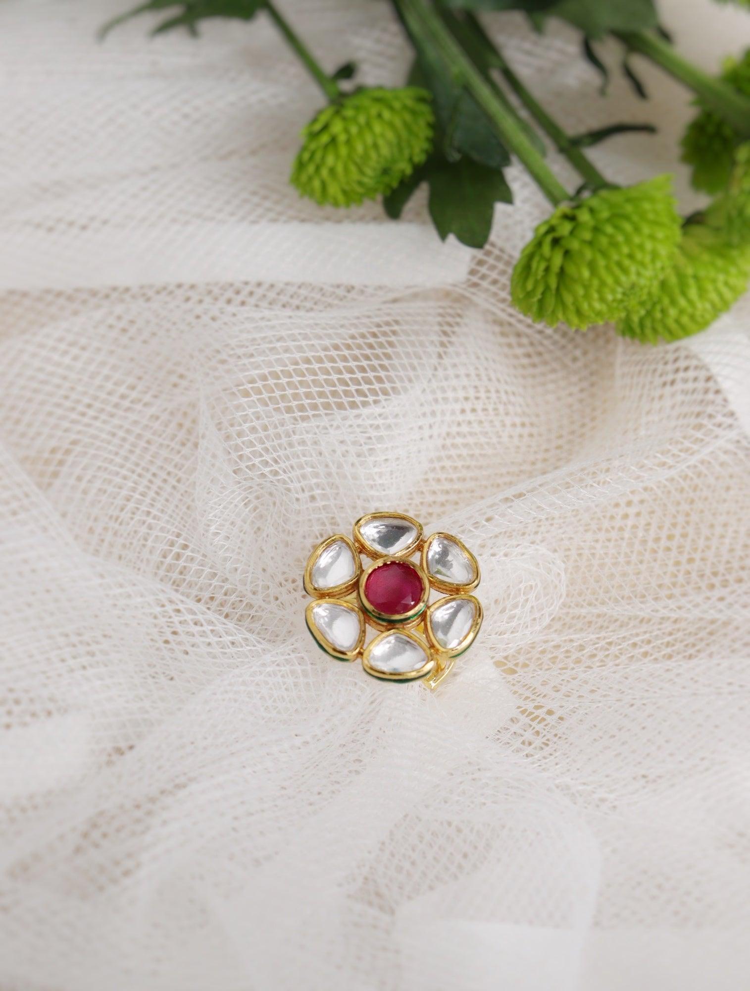 Bridal Red and Kundan Stone Aster Ring 