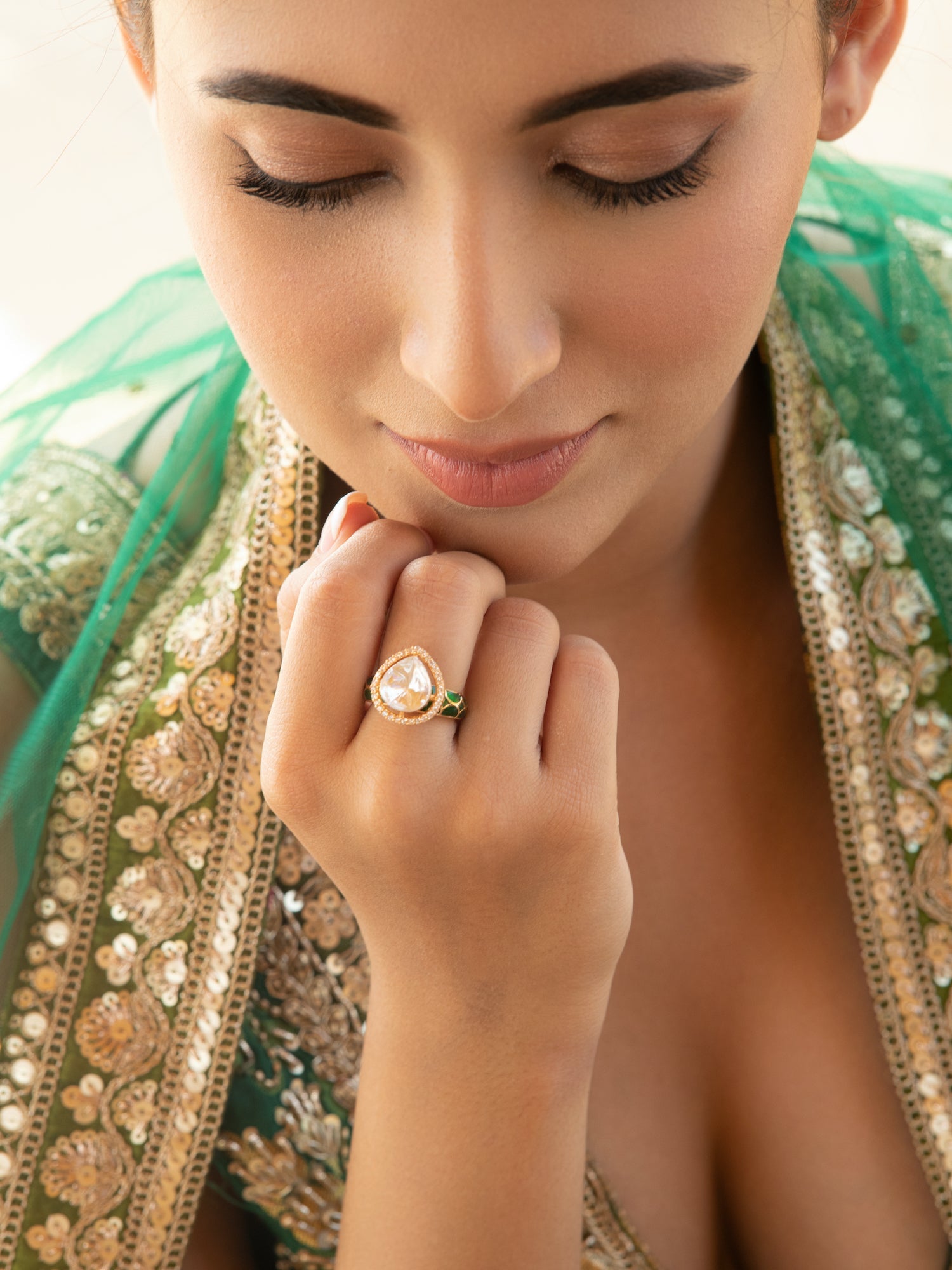  Bridal Green Enamel and Kundan Leaflet Ring