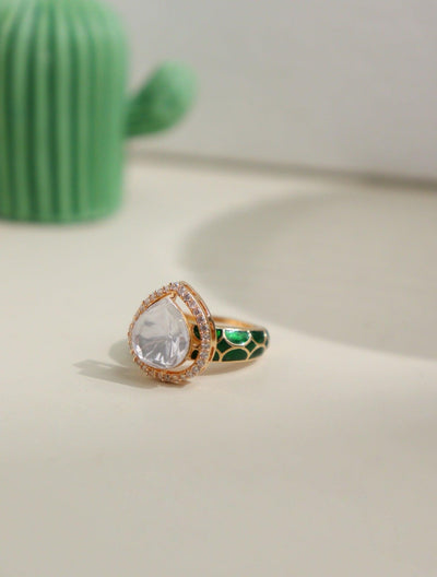 Bridal Green Enamel and Kundan Leaflet Ring