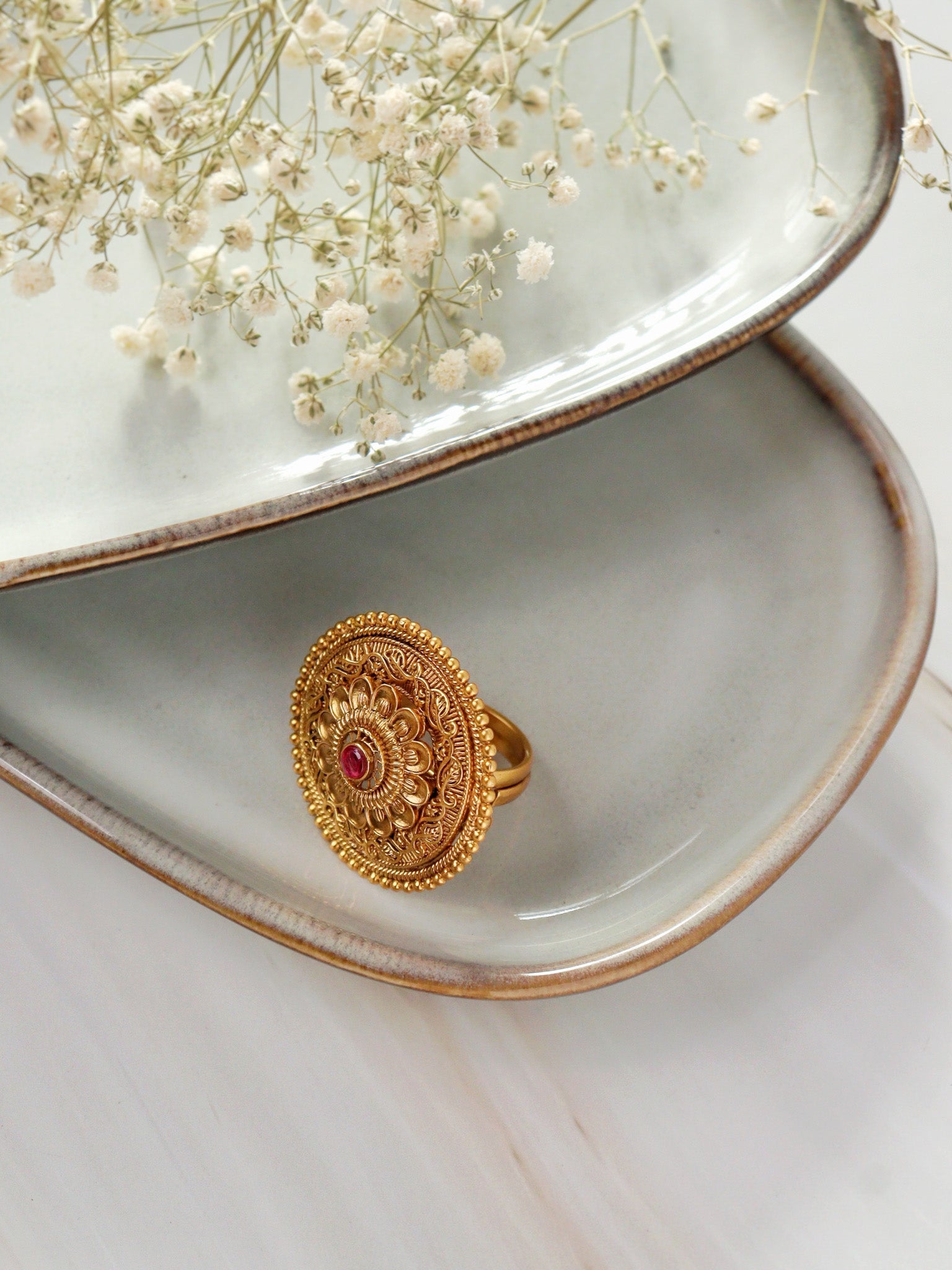 22K Gold Plated Ruby Studded Floral Carved Ring 