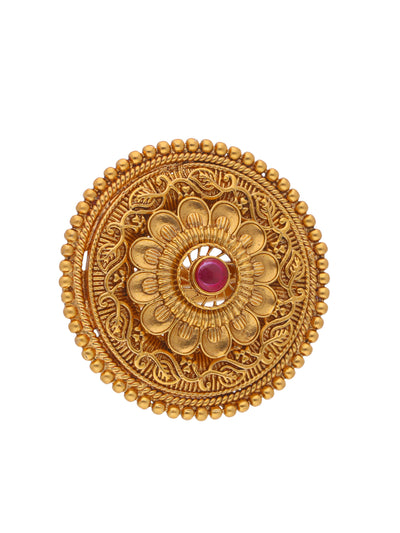 22K Gold Plated Ruby Studded Floral Carved Ring 