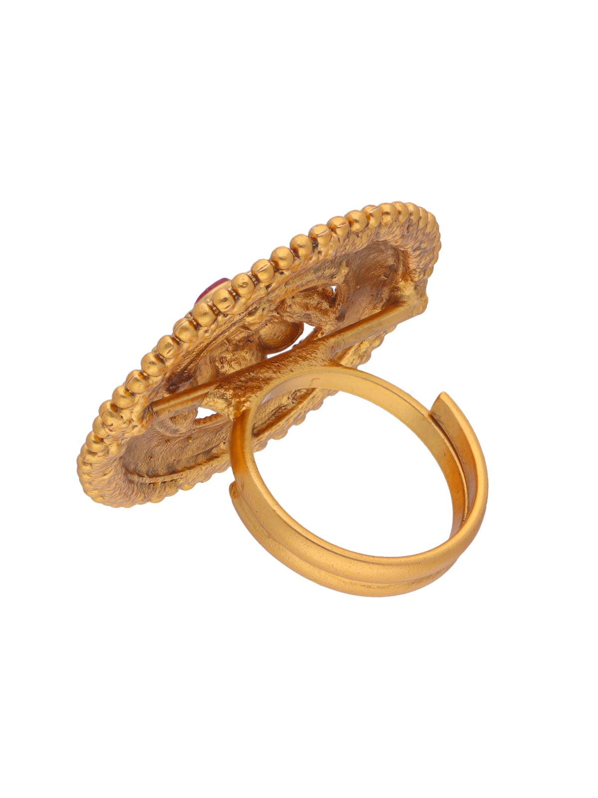 22K Gold Plated Ruby Studded Floral Carved Ring 