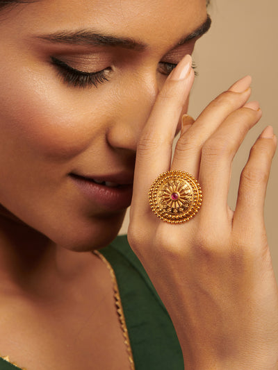 22K Gold-Plated Temple'S Crimson Studded Embrace Ring 