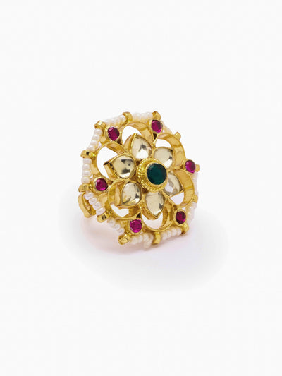 22 kt Gold Plated Green Studded Multi Colour Polki Studded Finger Ring 