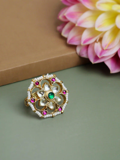  22 kt Gold Plated Green Studded Multi Colour Polki Studded Finger Ring