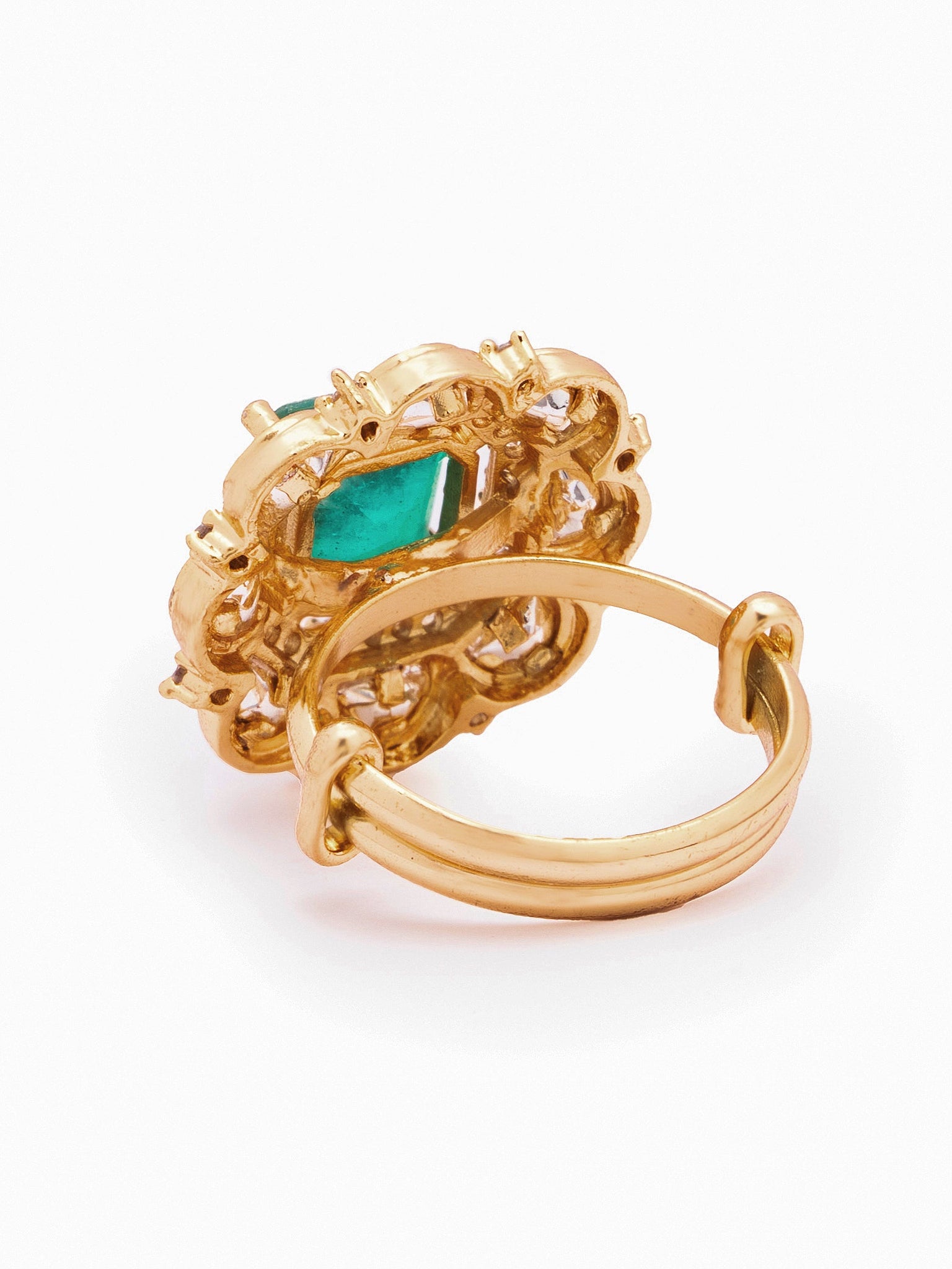 18 KT Gold-Plated Emerald Green Studded Adjustable Polki Finger Ring 