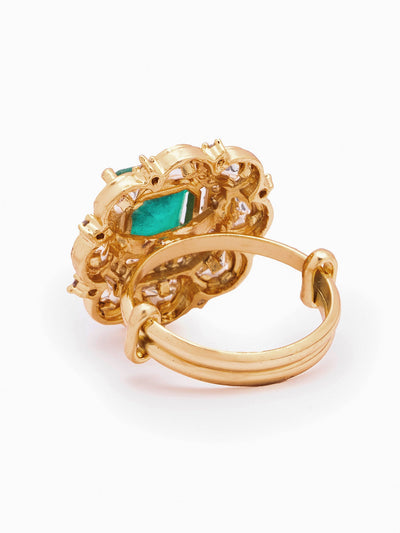 18 KT Gold-Plated Emerald Green Studded Adjustable Polki Finger Ring 