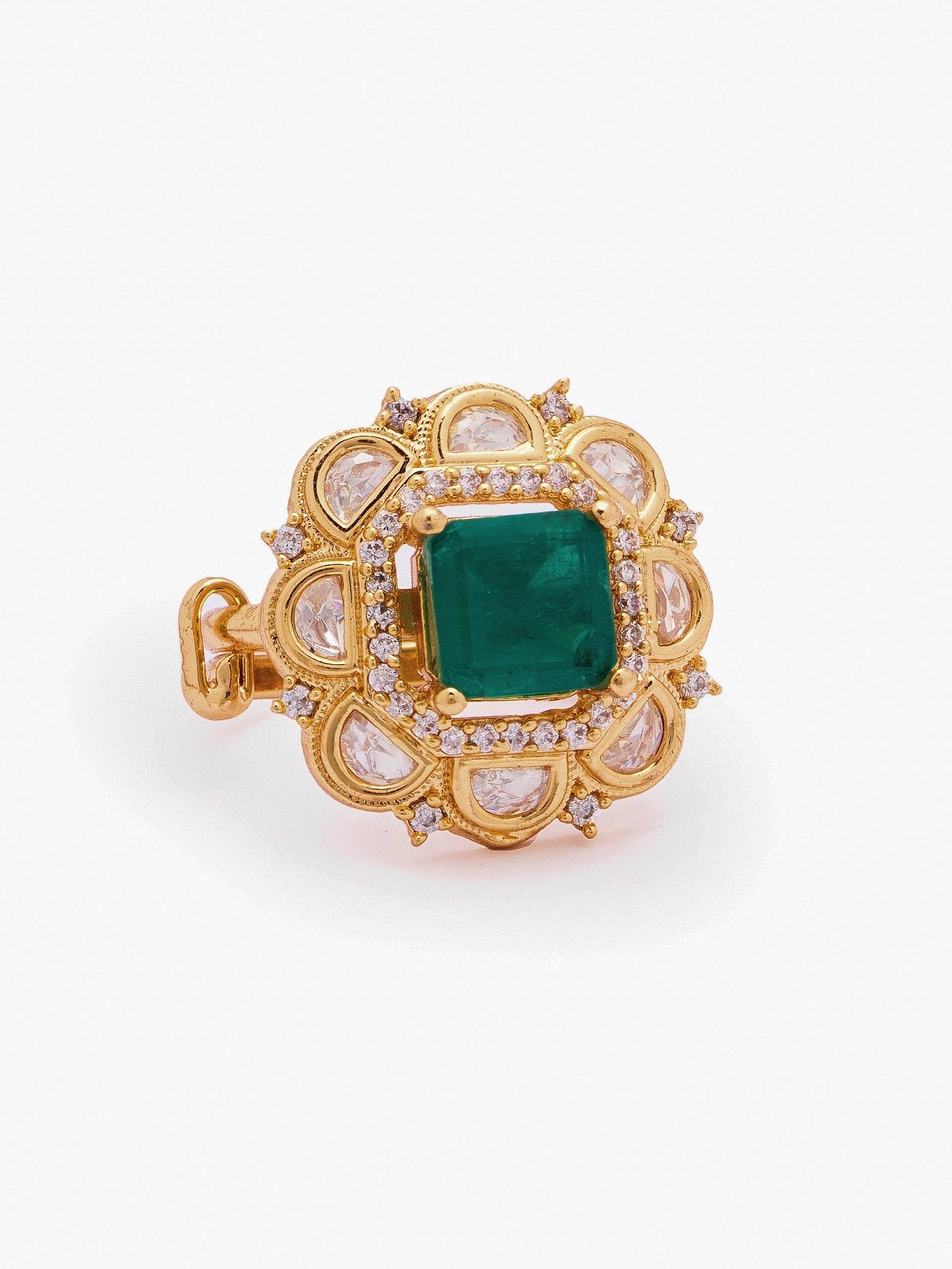  18 KT Gold-Plated Emerald Green Studded Adjustable Polki Finger Ring