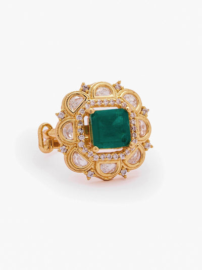 18 KT Gold-Plated Emerald Green Studded Adjustable Polki Finger Ring 