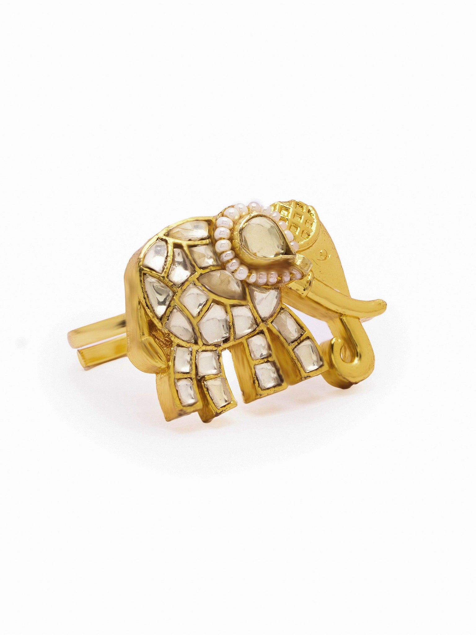 Besparkled White Elephant Kundan Ring 