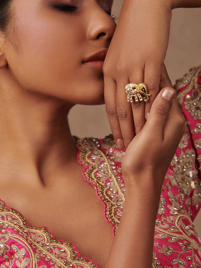 Besparkled White Elephant Kundan Ring 