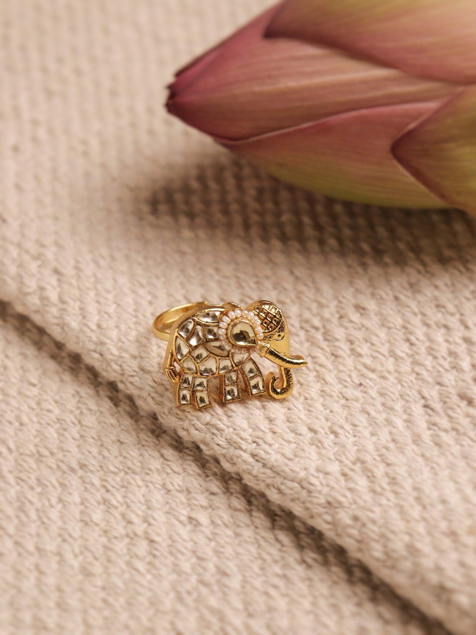 Besparkled White Elephant Kundan Ring 