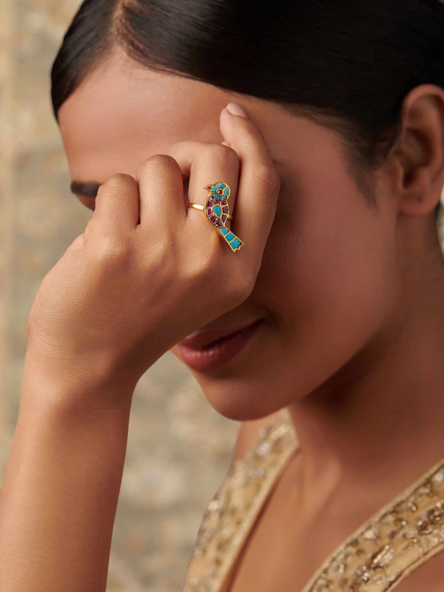  Kundan Parrot Ring Adorned with Multicolored Gemstones
