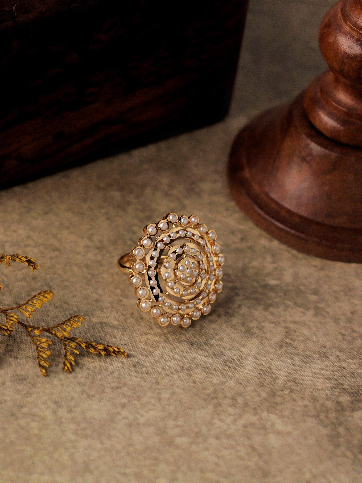 Pearl White Jadau Cocktail Ring in Gold Plated