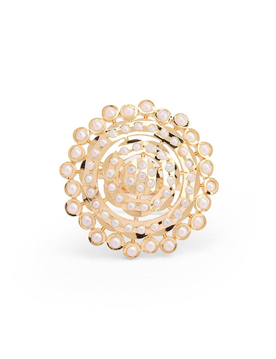 Pearl White Round Adjustable Jadau Ring
