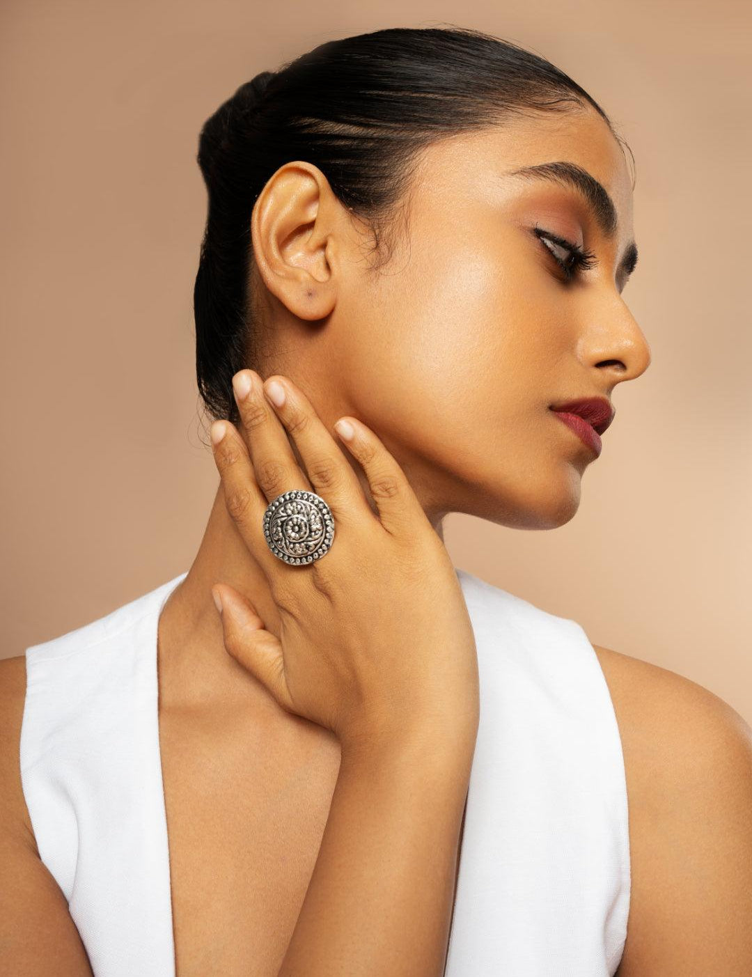Oxidized Ring with Floral Carving