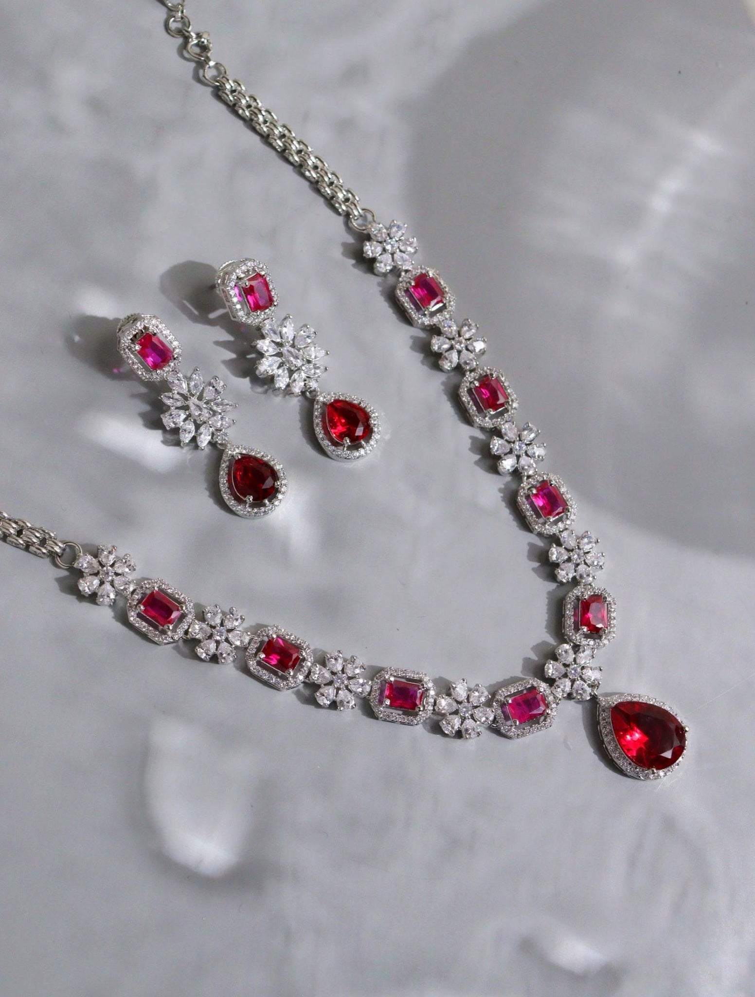 Diamante Rubilite Pink Drop Cubic Zirconia Necklace Set 