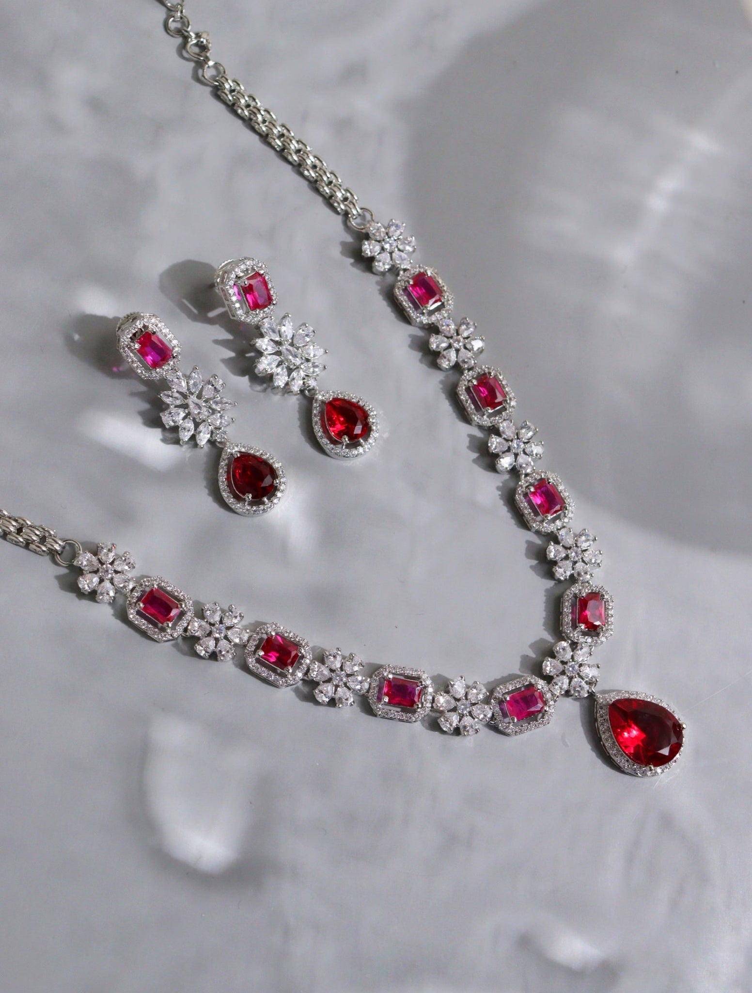  Diamante Rubilite Pink Drop Cubic Zirconia Necklace Set