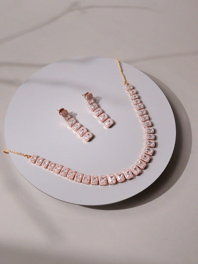  Diamante String of Quad Cubic Zirconia Rose Gold Necklace Set