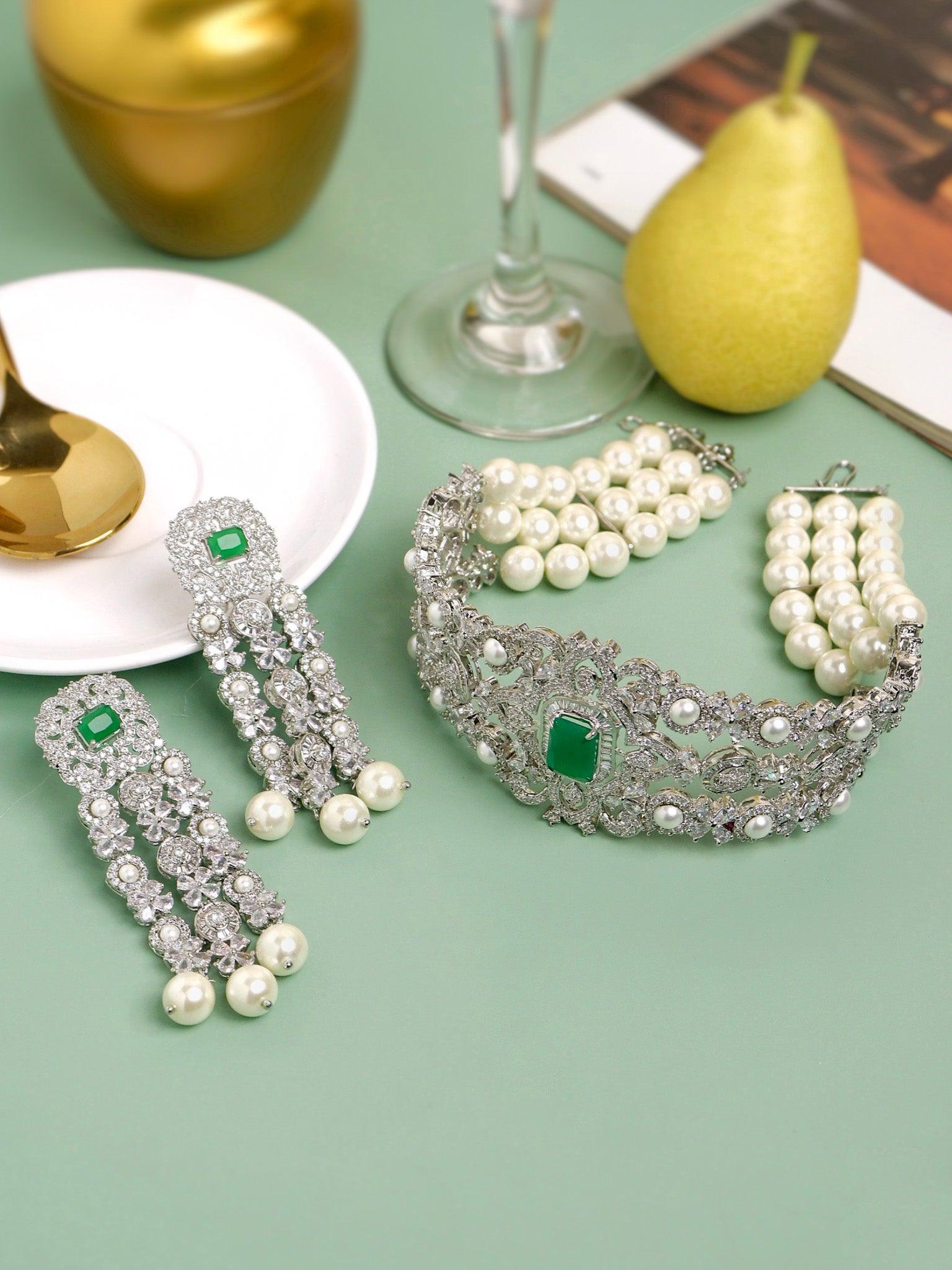 Oyester and Green CZ Choker Set 