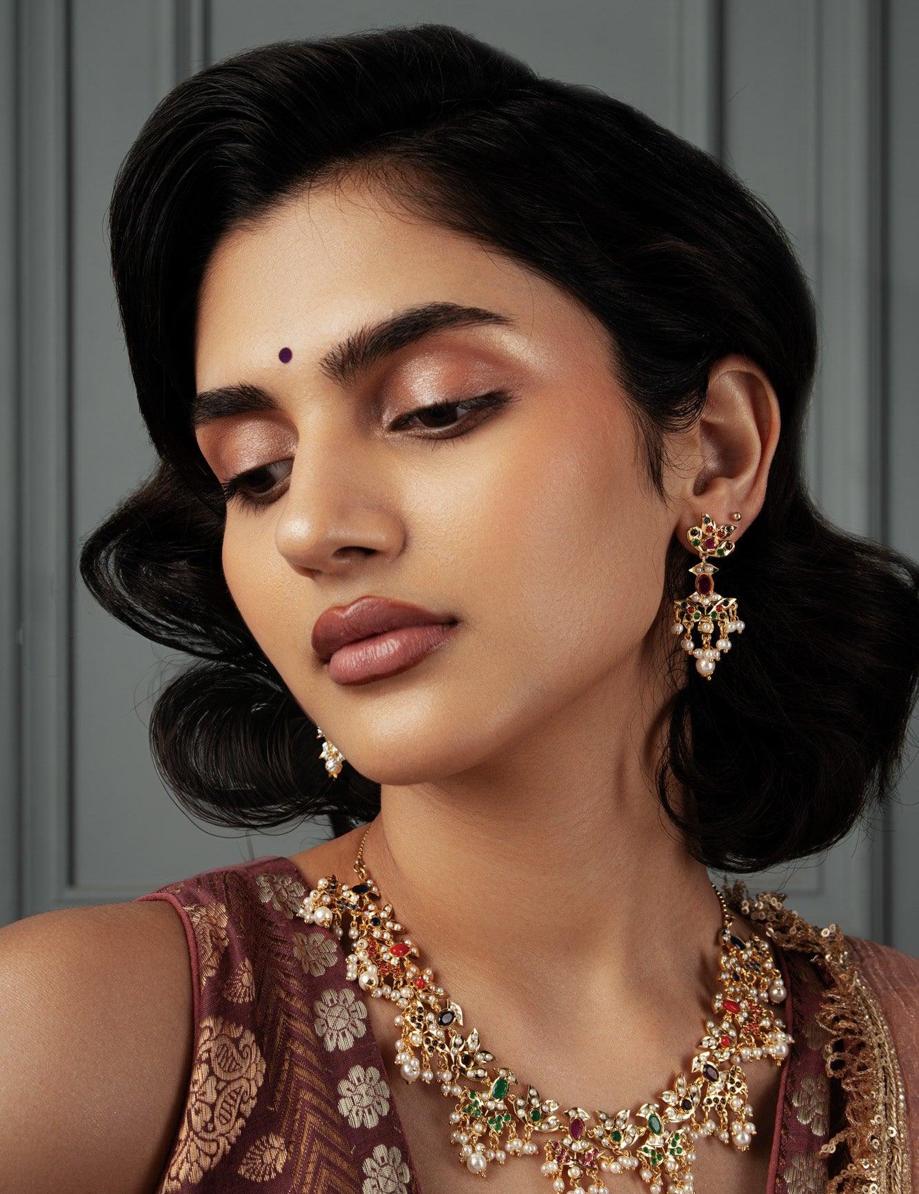 Red and Green Jadau Necklace with Earrings