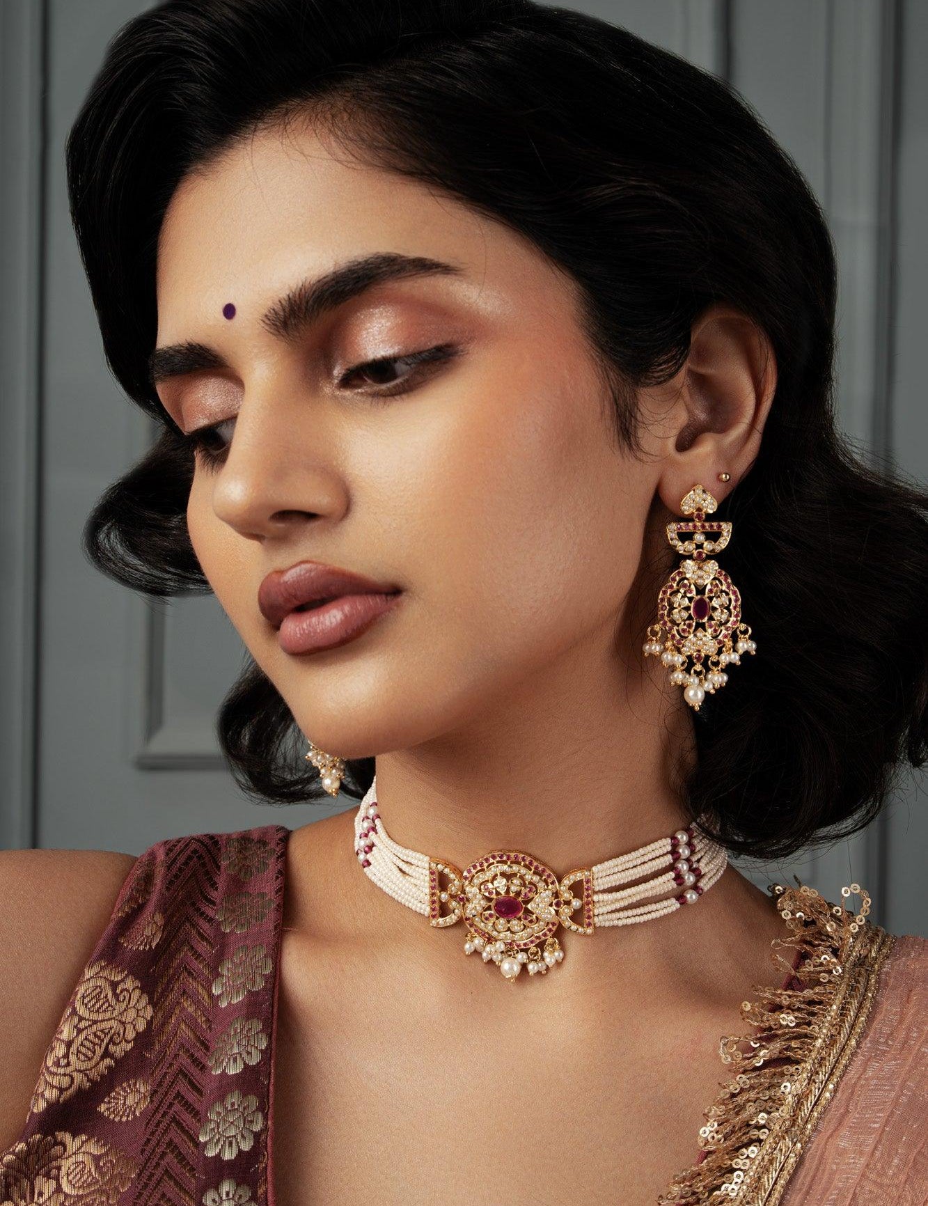 Pink and Choker Necklace with Earrings