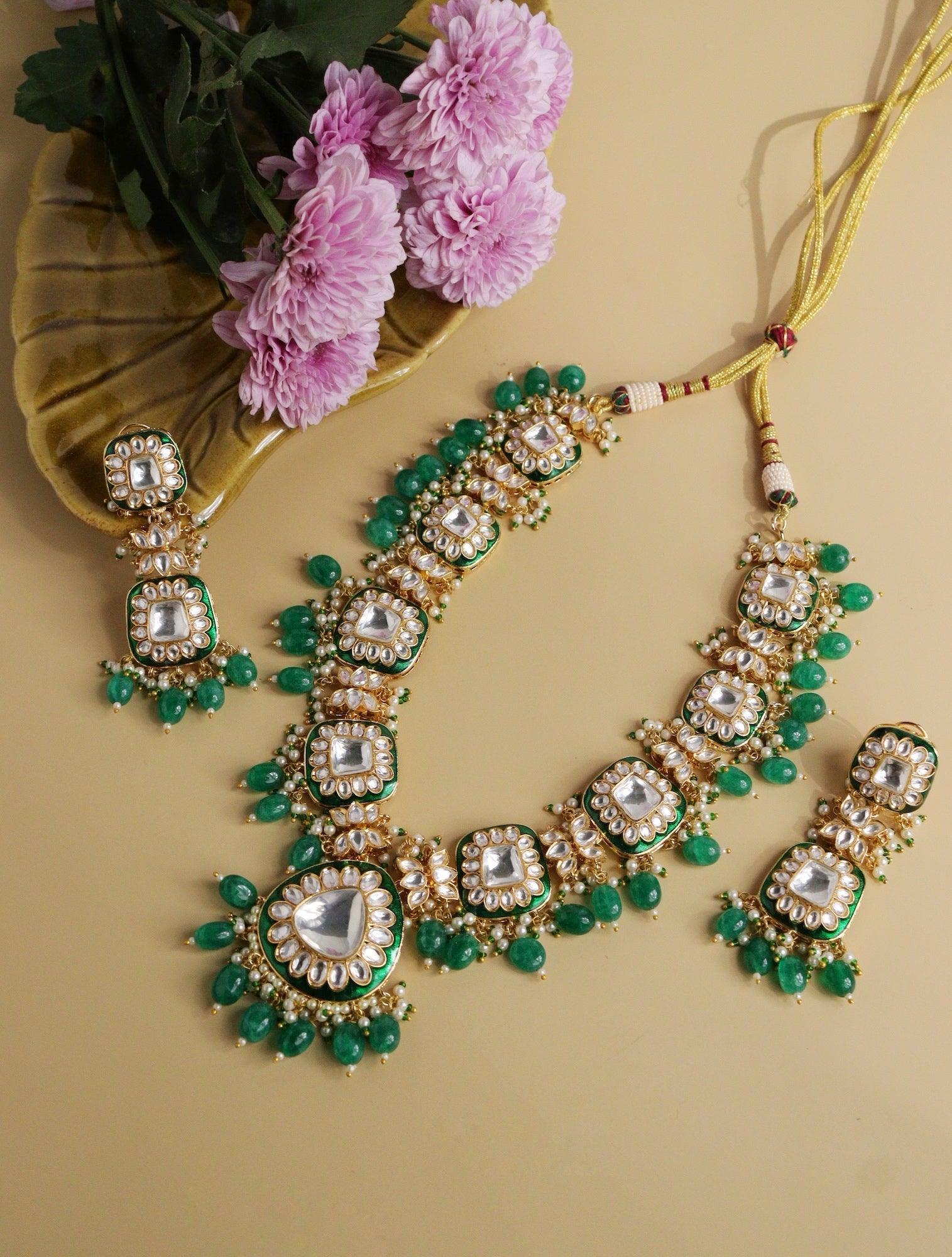  Bridal Emerald Green Kundan Long Necklace Set