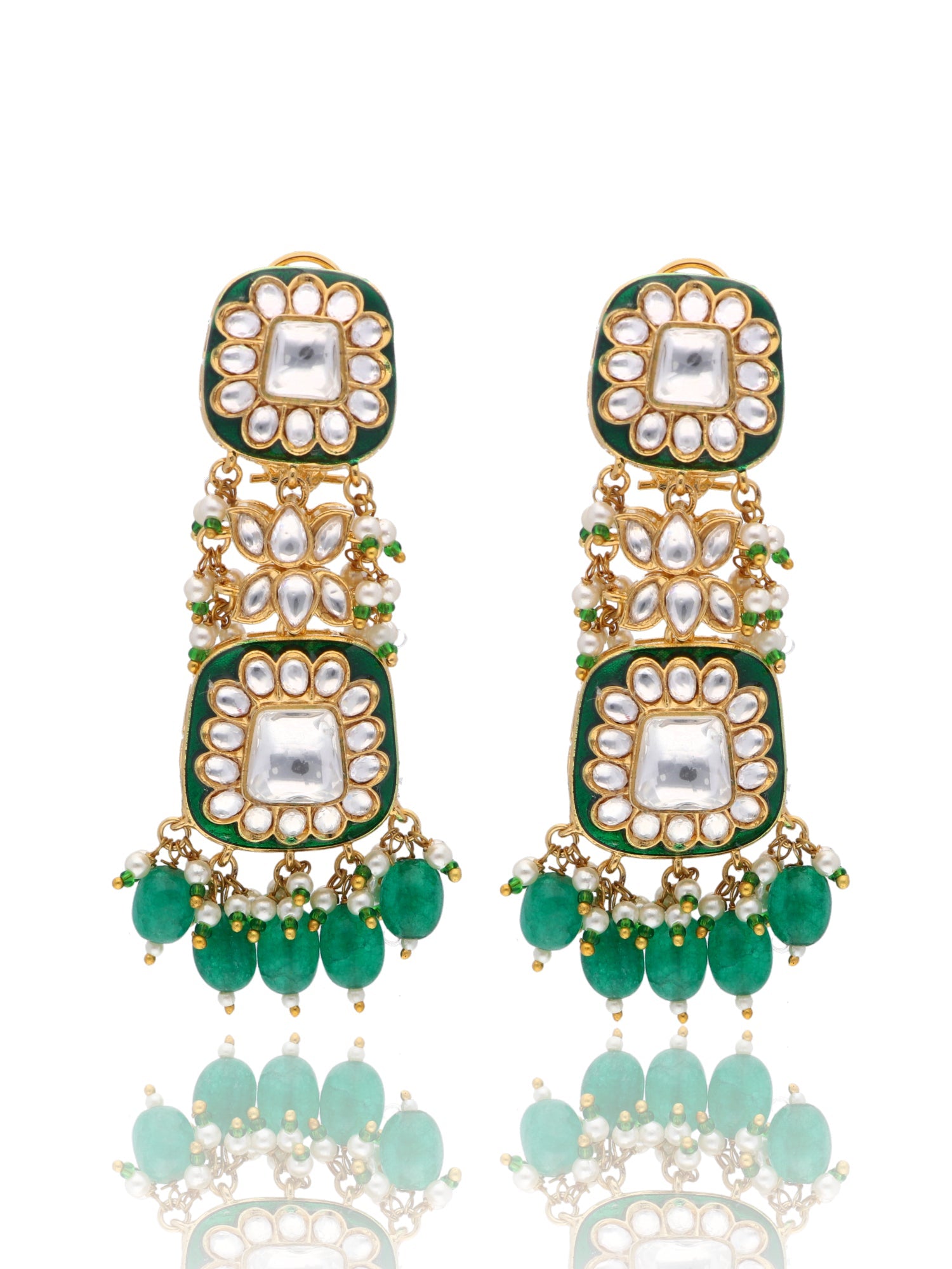 Bridal Emerald Green Kundan Long Necklace Set 