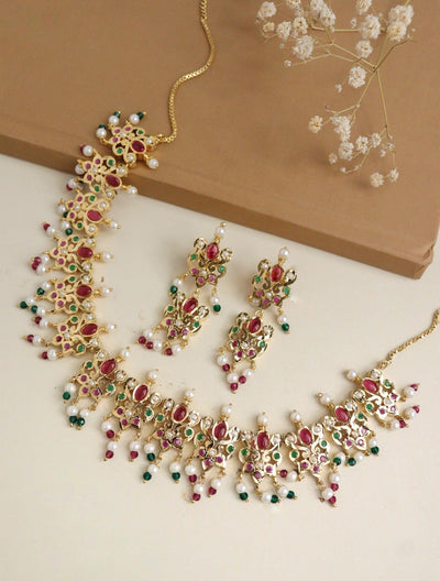 Bridal Red and Green Stone Jadau Necklace Set 