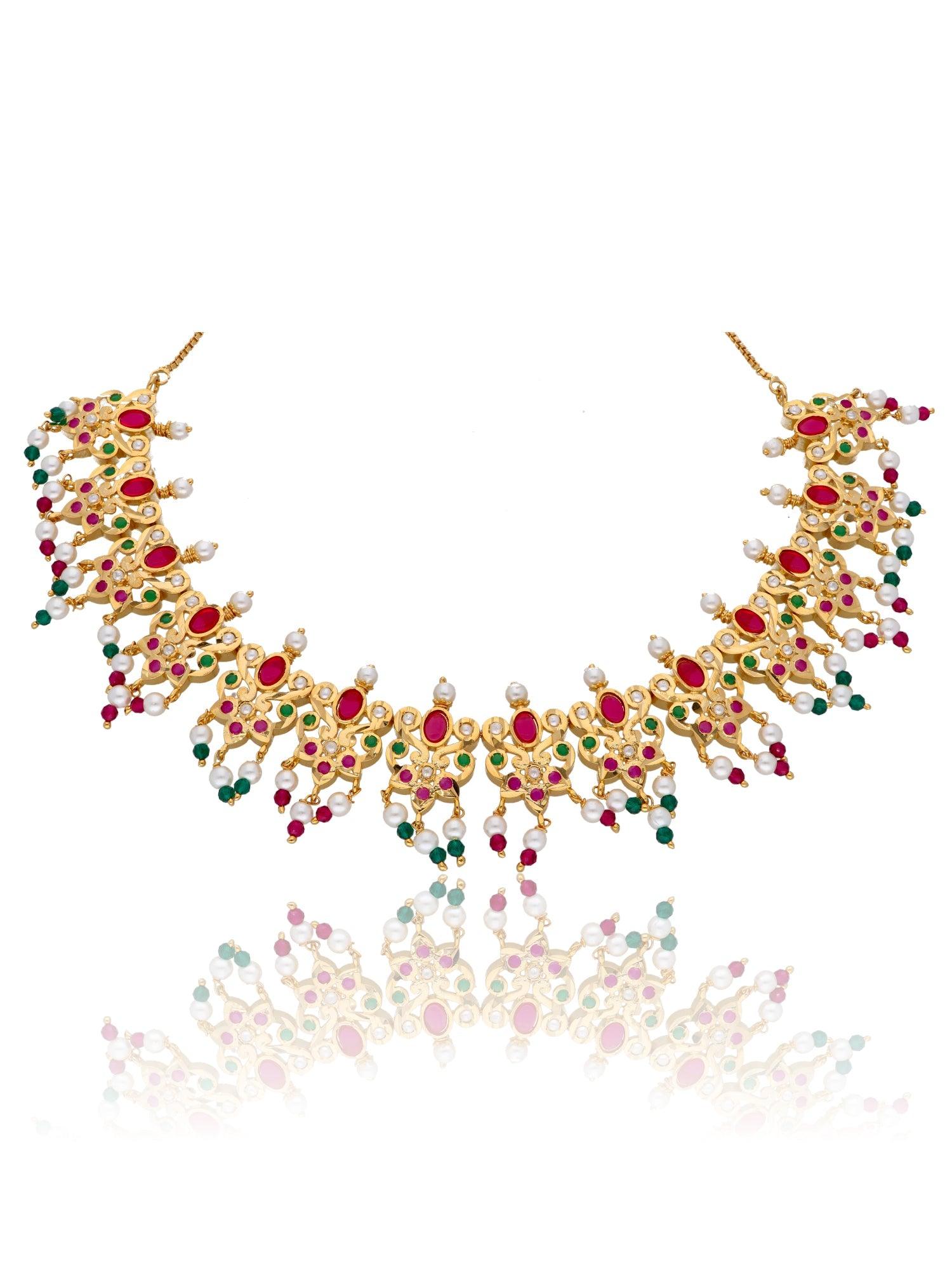 Bridal Red and Green Stone Jadau Necklace Set 