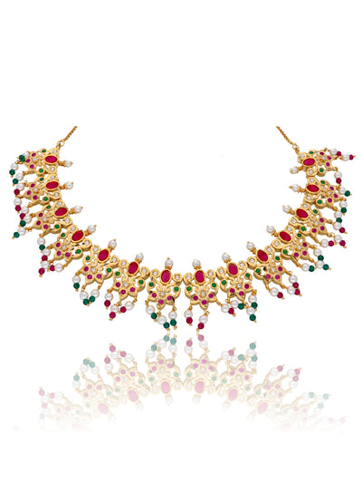 Bridal Red and Green Stone Jadau Necklace Set 