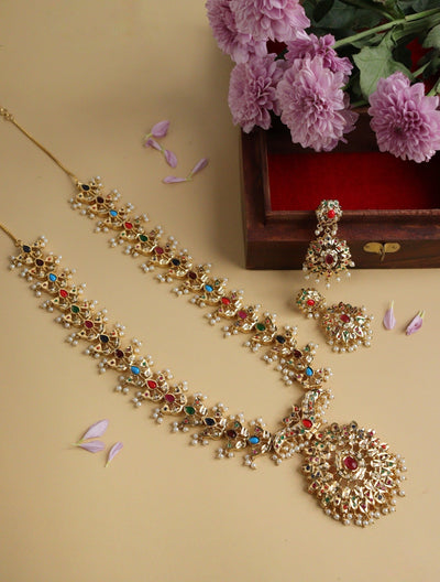 Bridal Navratan Stones and Pearls Jadau Necklace Set 