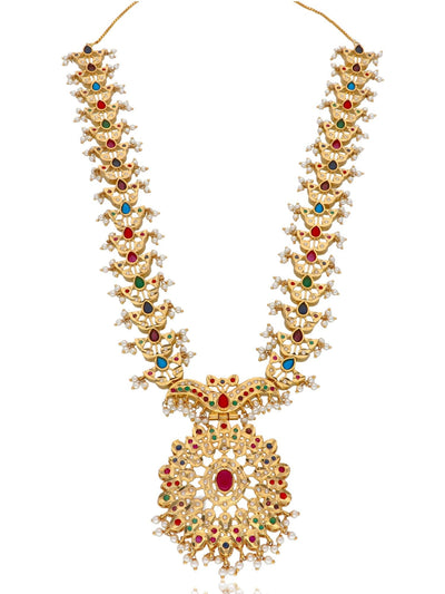 Bridal Navratan Stones and Pearls Jadau Necklace Set 