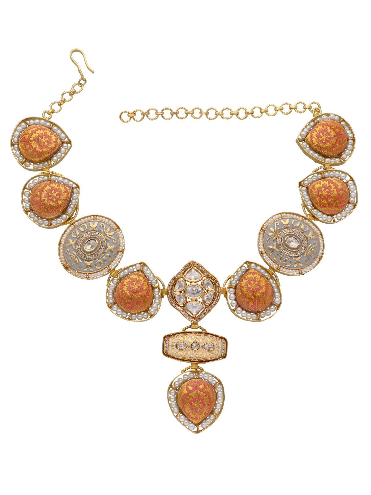 The Zoya Coral and Blue Meenakari Necklace Set 