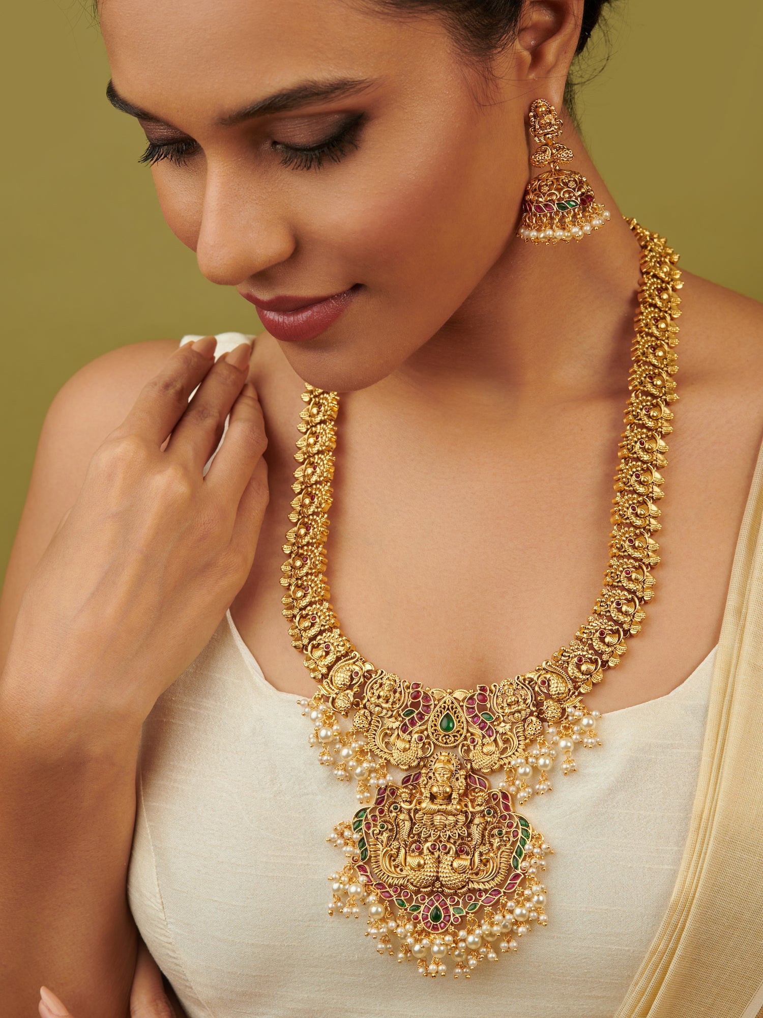 22K Gold Plated Goddess Laxmi Temple Necklace Set 