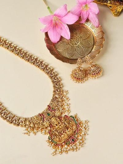 22K Gold Plated Goddess Laxmi Temple Necklace Set 