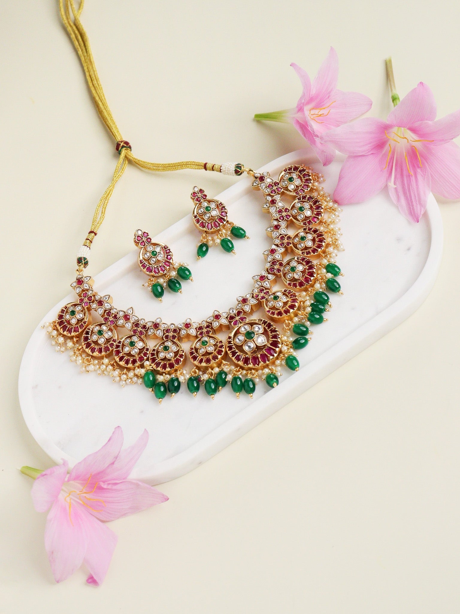 22K Gold Plated Flora Red And Green Studded Necklace Set 