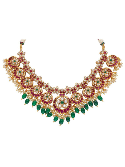 22K Gold Plated Flora Red And Green Studded Necklace Set 