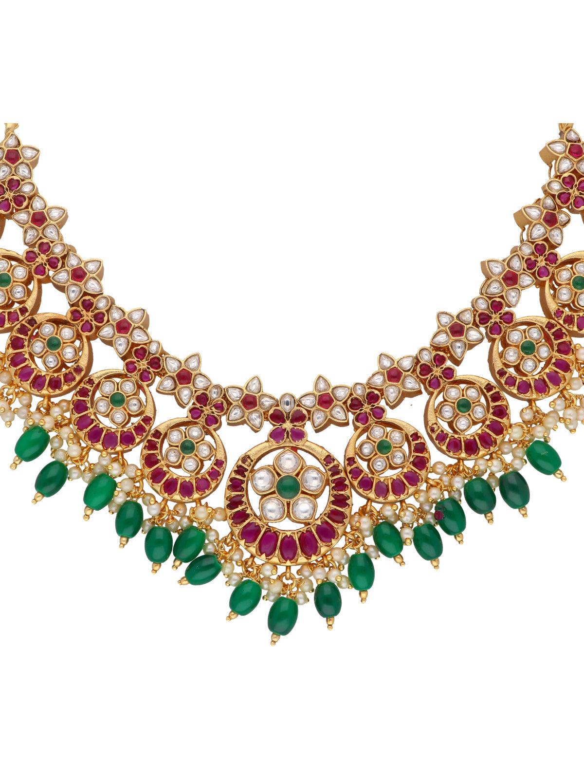 22K Gold Plated Flora Red And Green Studded Necklace Set 