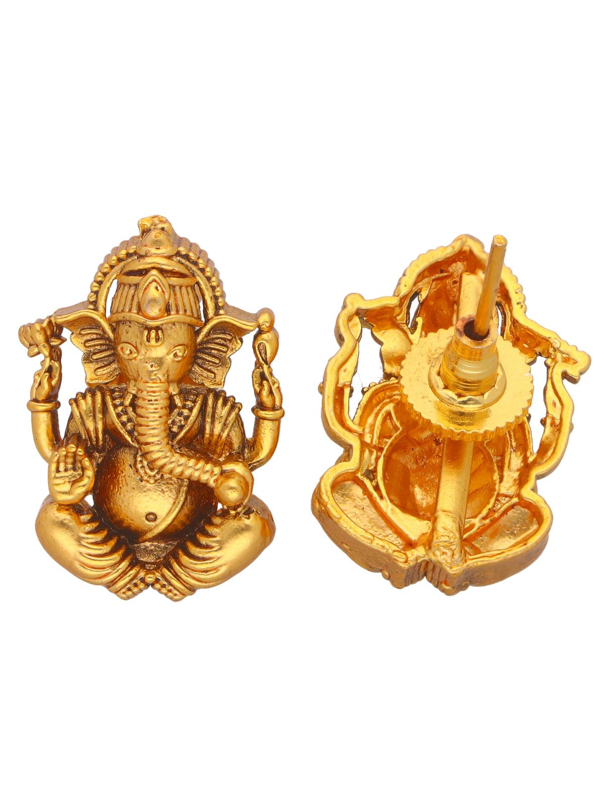 22K Gold Plated Ganesha Centered Pendant Set With Earrings 