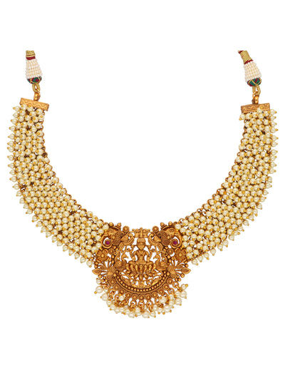 22k Gold Plated Divine Laxmi's Pearl Embrace Temple Necklace Set 
