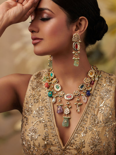 0 Victorian Elegance: Multicolored Kundan Necklace Set With Earrings