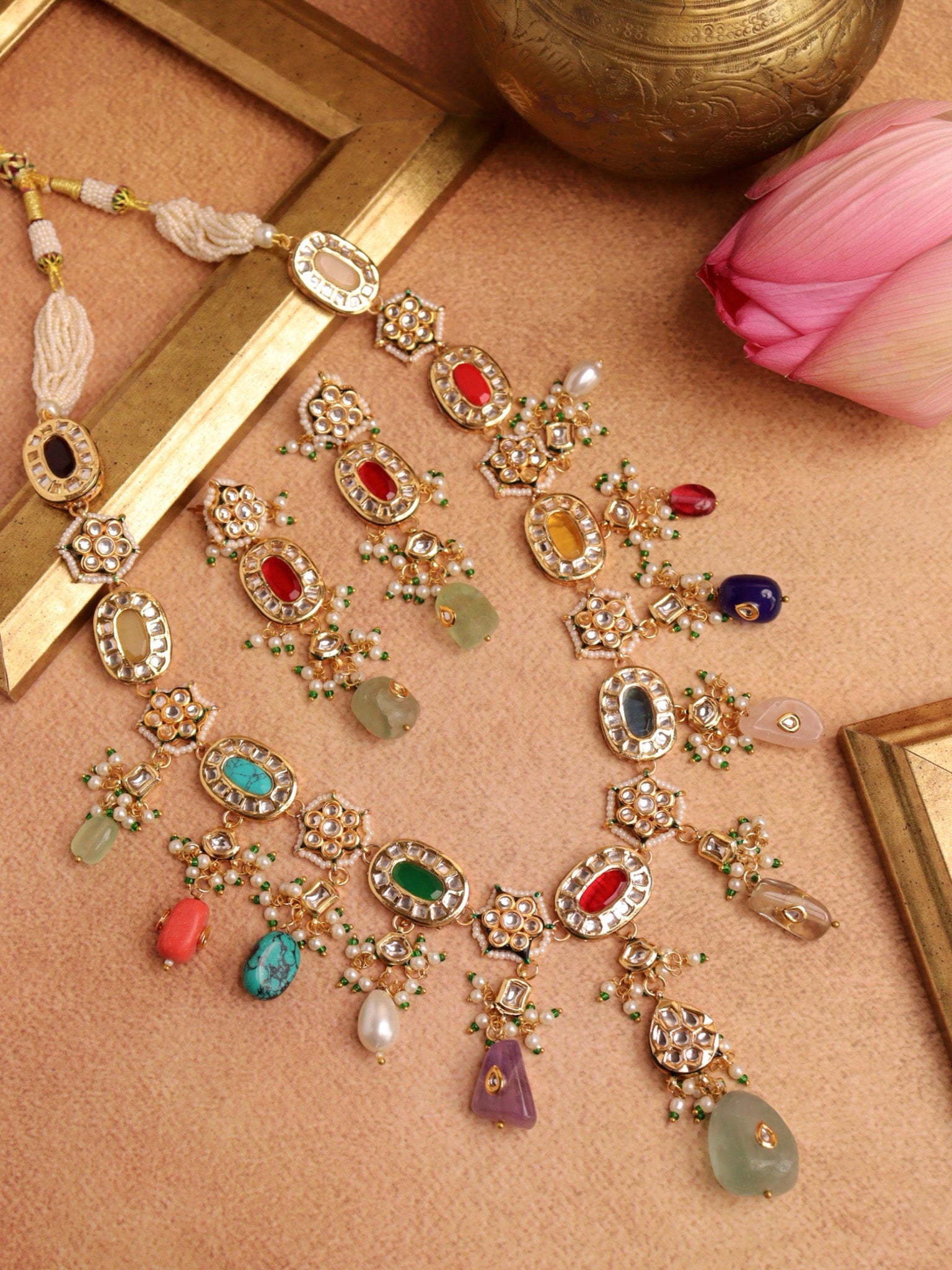  Victorian Elegance: Multicolored Kundan Necklace Set With Earrings