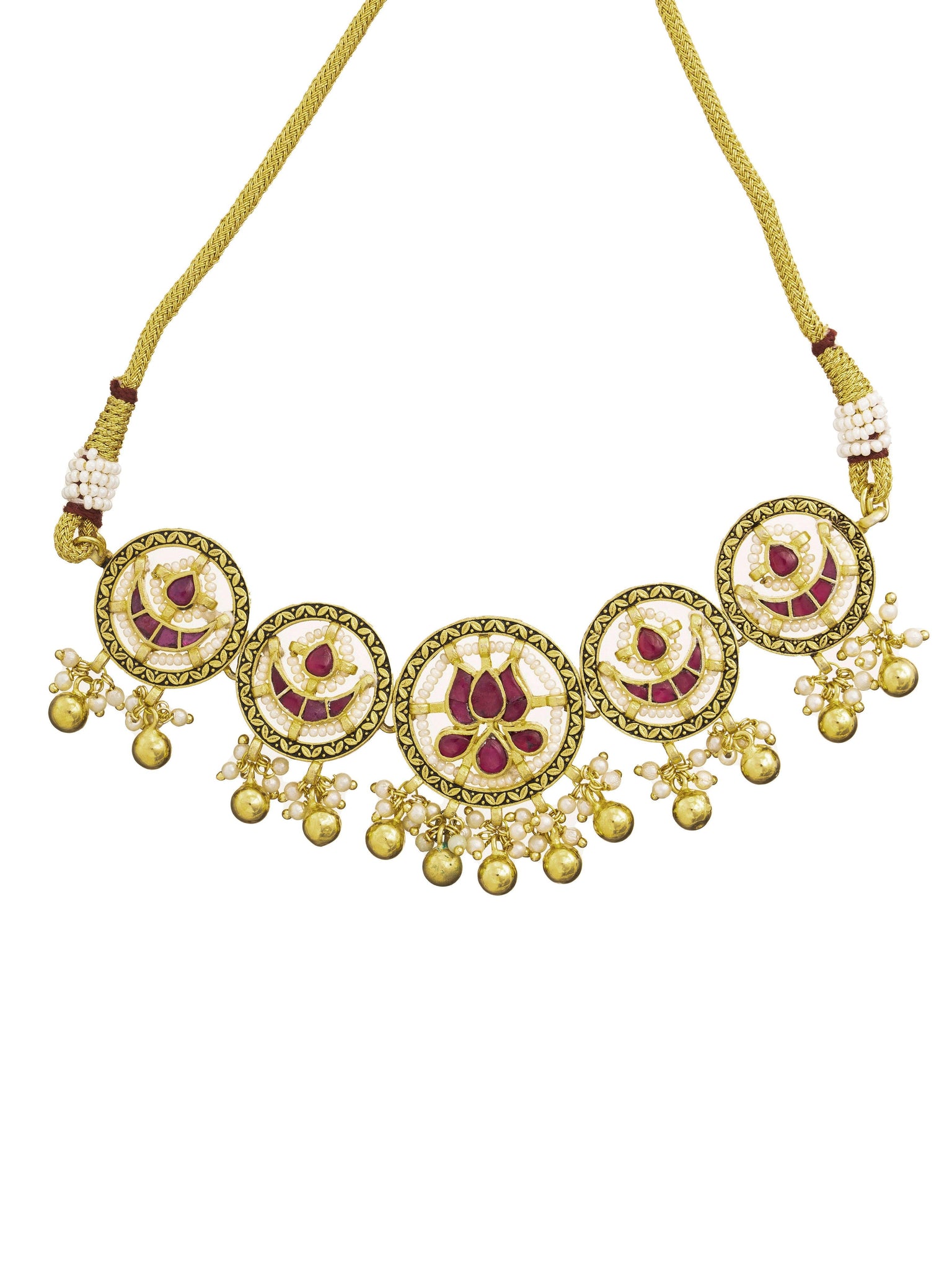 22 KT Gold-Plated Handcrafted Lotus Choker Set With Bead Drops 