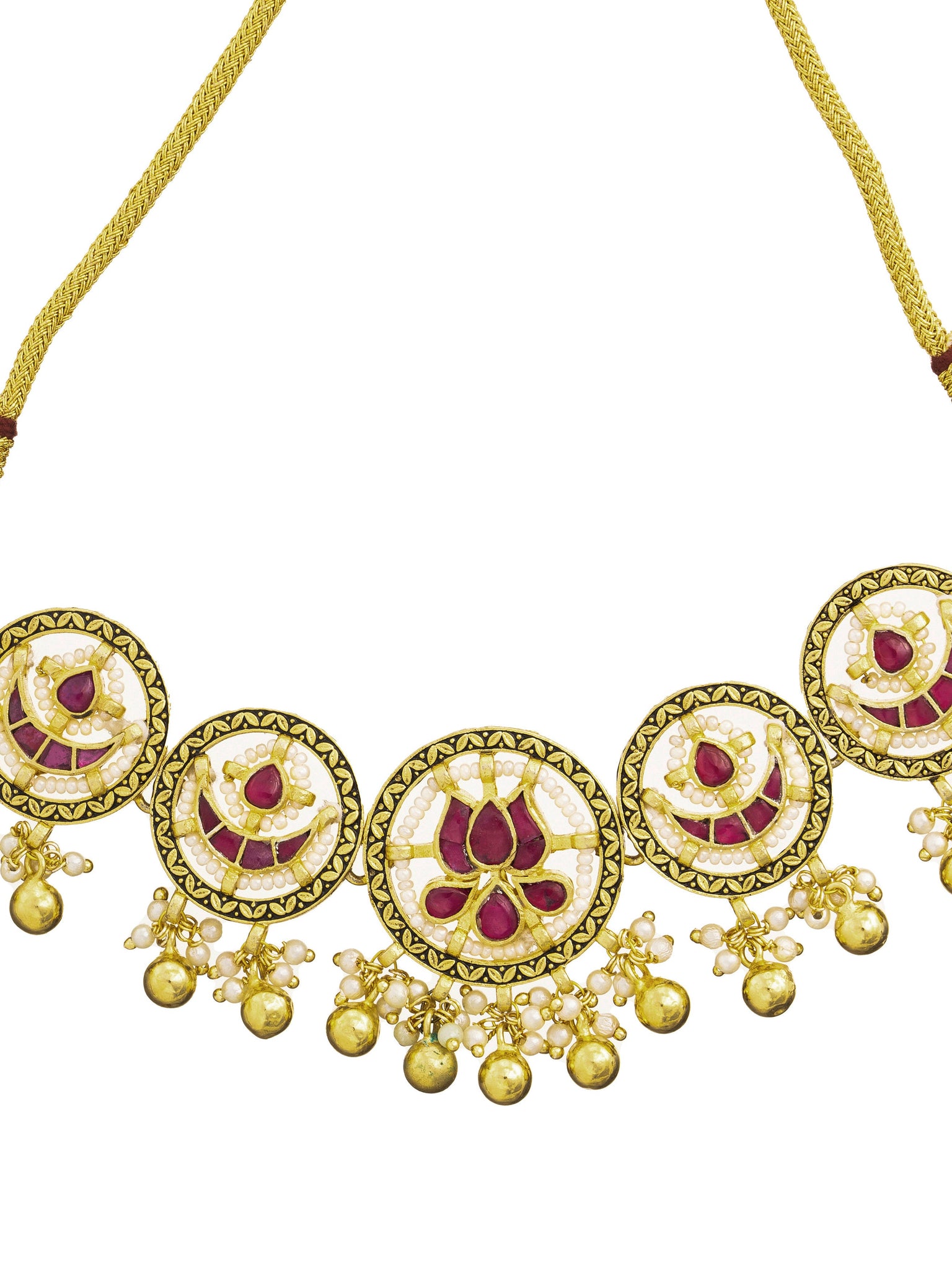 22 KT Gold-Plated Handcrafted Lotus Choker Set With Bead Drops 