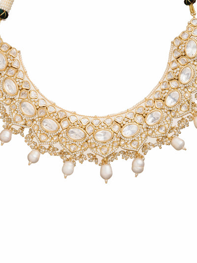  22 KT Gold-Toned Gilded Grace: Cz Studded Pearl Drop Kundan Choker Set