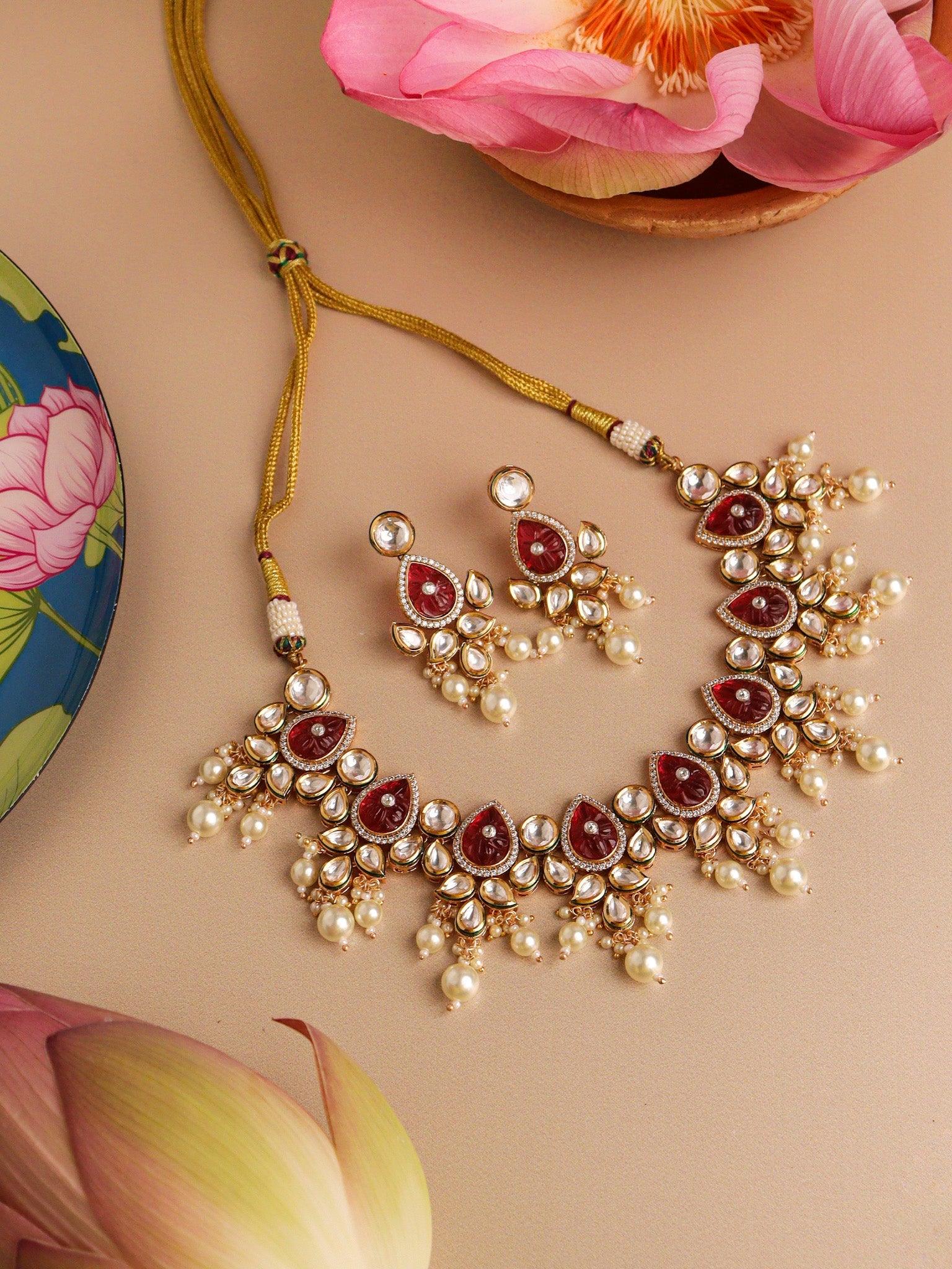  Pink Sapphire Studded Pearl Drop Kundan Chocker Set