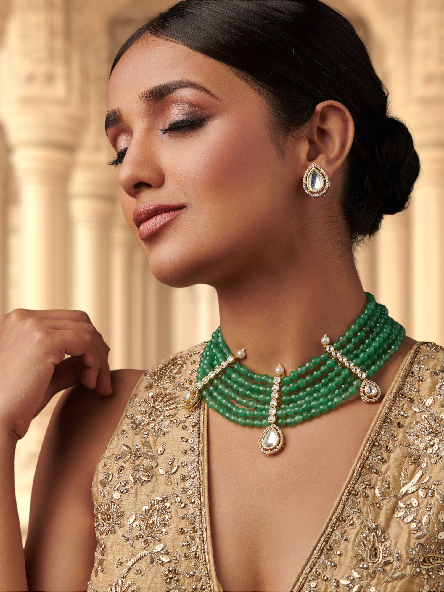 0 Gorgeous Green Onyx Kundan And Ad Studded Jewelry Set