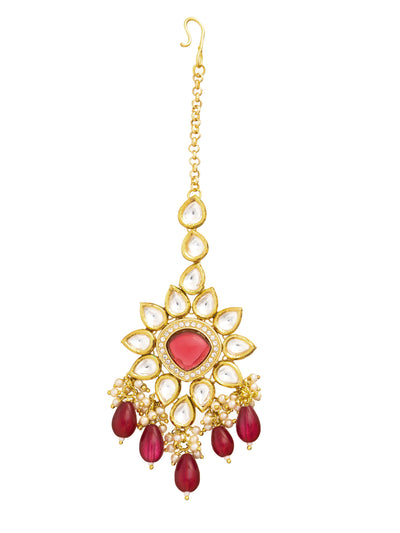 22 KT Gold-Plated Ruby Studded Polki Bridal Necklace Set 